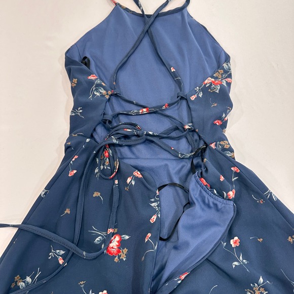 Lulus Floral Halter Skater Dress Womens Small Navy Blue Lace Up Back | Romantic - Picture 4 of 8